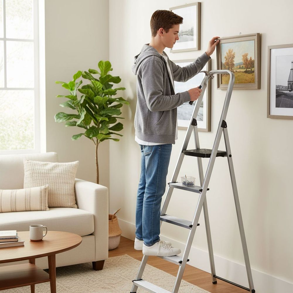 ModernHome aluminijske jednostrane ljestve s 5 stepenica – sklopive, s platformom, nosivost 150 kg slika 3