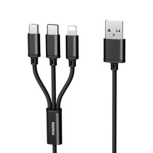 Remax Gition 3u1 pleteni USB-mikro USB / Lightning / USB-C kabel 2,8A 1,15M crni