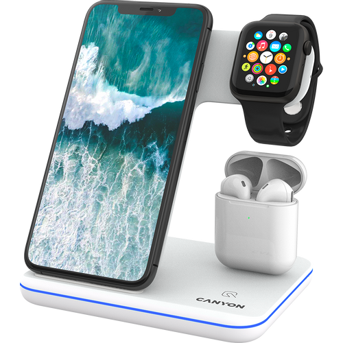 CANYON WS-302 3in1 Wireless charger, with touch button for Running water light, Input 9V/2A, 12V/2A, Output 15W/10W/7.5W/5W, Type c to USB-A cable length 1.2m, 137*103*140mm, 0.22Kg, White slika 1