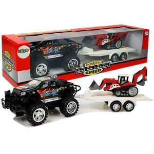 Set vozila Monster Truck s bagerom na prikolici, crno-crveni