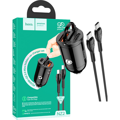 hoco. Auto punjač sa type C kabelom, PD + QC3.0, 2 x USB, 4.8 A - NZ2 Link, type C, Black slika 1