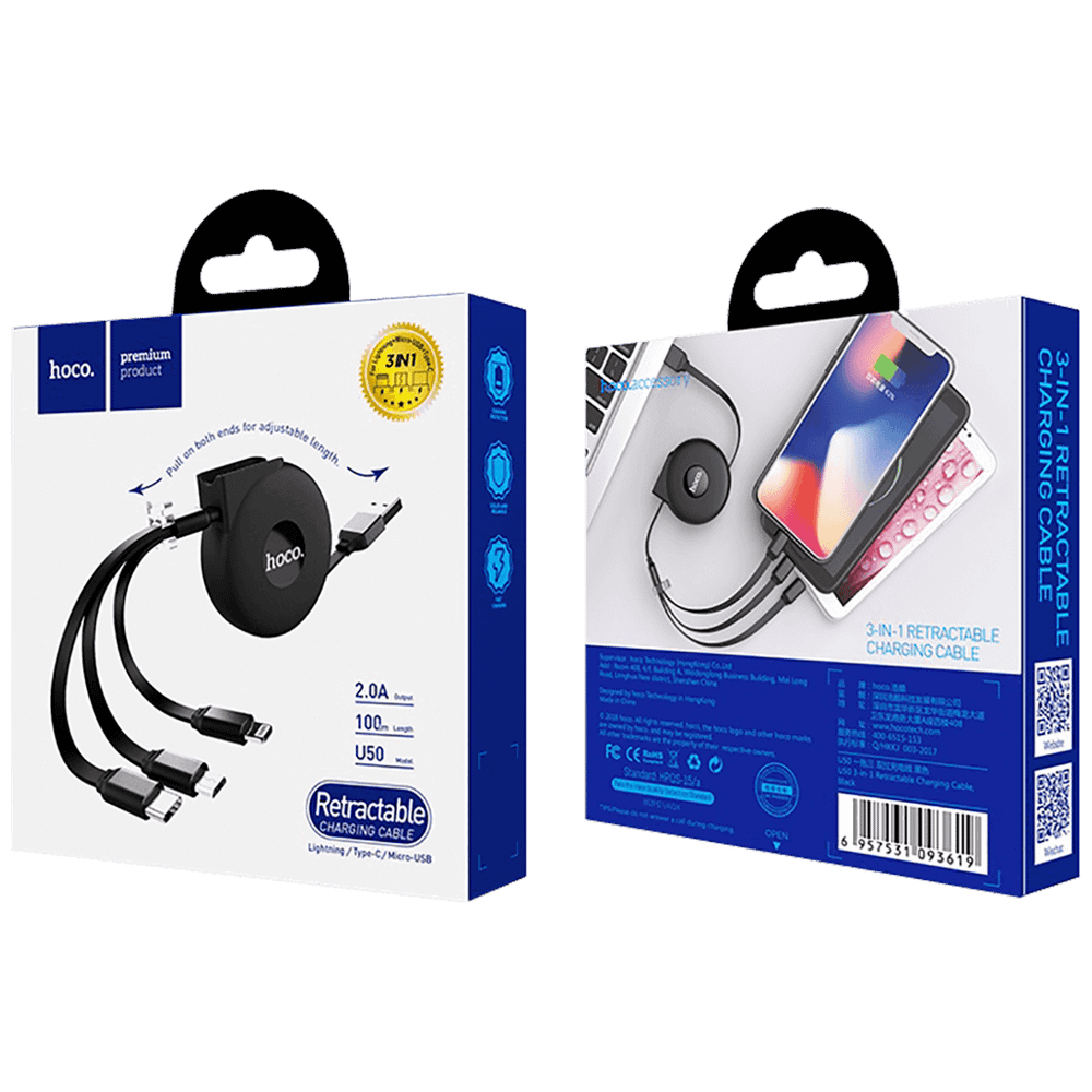 hoco. USB kabl za punjenje, 3in1, na izvlačenje, 1 met., 2 A - U50 slika 2