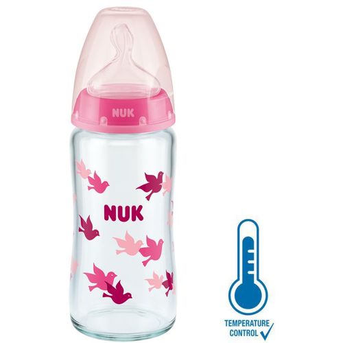 NUK Staklena flašica First Choice+ sa indikatorom temperature 240ml 0-6mj, Roza slika 1