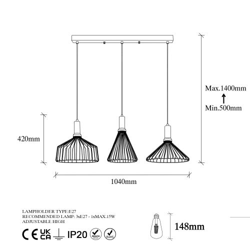 Opviq Visilca DEARLINE  metal crna, 104 x 34 cm, visina 50-140 cm. Dimenzije sjenila 32 34 i 36 cm, 3X E27 15 W, Dear - 11220 slika 7