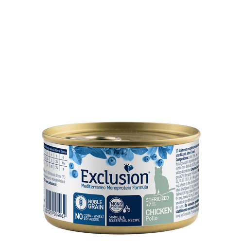 Exclusion Mediterraneo Monoprotein Formula, Sterilised 7+, potpuna hrana za starije sterilizirane mačke, piletina, 85 g slika 1