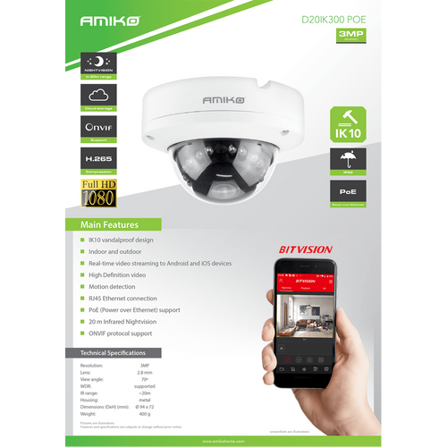 Amiko Home Kamera IP 3 MP, PoE, 1/2.8" CMOS, 2.8mm, IK10 - D20IK300 POE slika 2