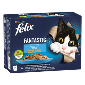 FELIX Fantastic Riblji izbor u želeu, potpuna hrana za kućne ljubimce, za odrasle mačke, mokra hrana s  tunom, lososom, bakalarom i listom u želeu, 12x85g