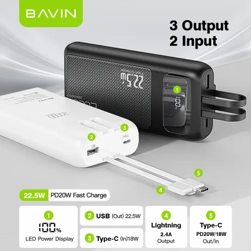 Bavin Power bank 20000mAh 22,5W Type C & Ligtning kabl bela slika 5