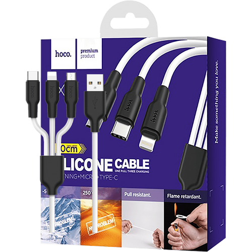 hoco. USB kabel, 3in1, microUSB, type C, Lightning, 1.2 met., 2 A - X21 Silicone 3in1, Black/White slika 1