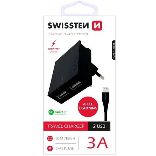 SWISSTEN punjač za AC220, 2xUSB, 3A, SMART IC, držač, crni + LIGHTNING kabel slika 1