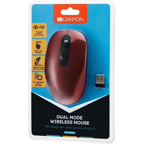 CANYON MW-9 2 in 1 Wireless optical mouse with 6 buttons, DPI 800/1000/1200/1500, 2 mode(BT/ 2.4GHz), Battery AA*1pcs, Red, silent switch for right/left keys, 65.4*112.25*32.3mm, 0.092kg slika 5