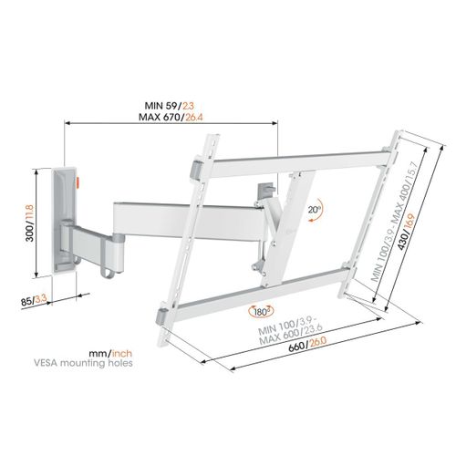 Vogels TVM3643WH, zidni nosač za ekrane od 40"-77", nagib do 20° pomak 180° slika 2