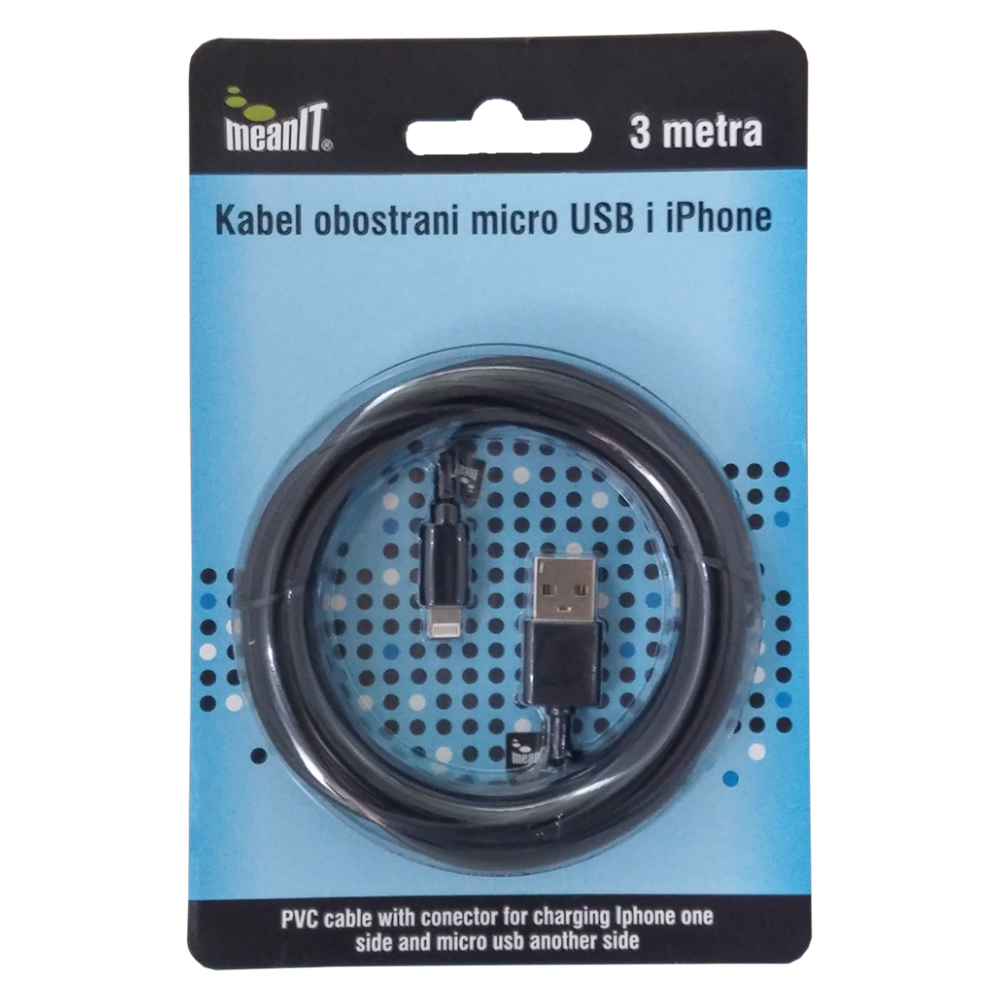 MeanIT USB kabl sa micro USB i iPhone priključkom, 3 met - KABEL MICROUSB / iPHONE slika 1