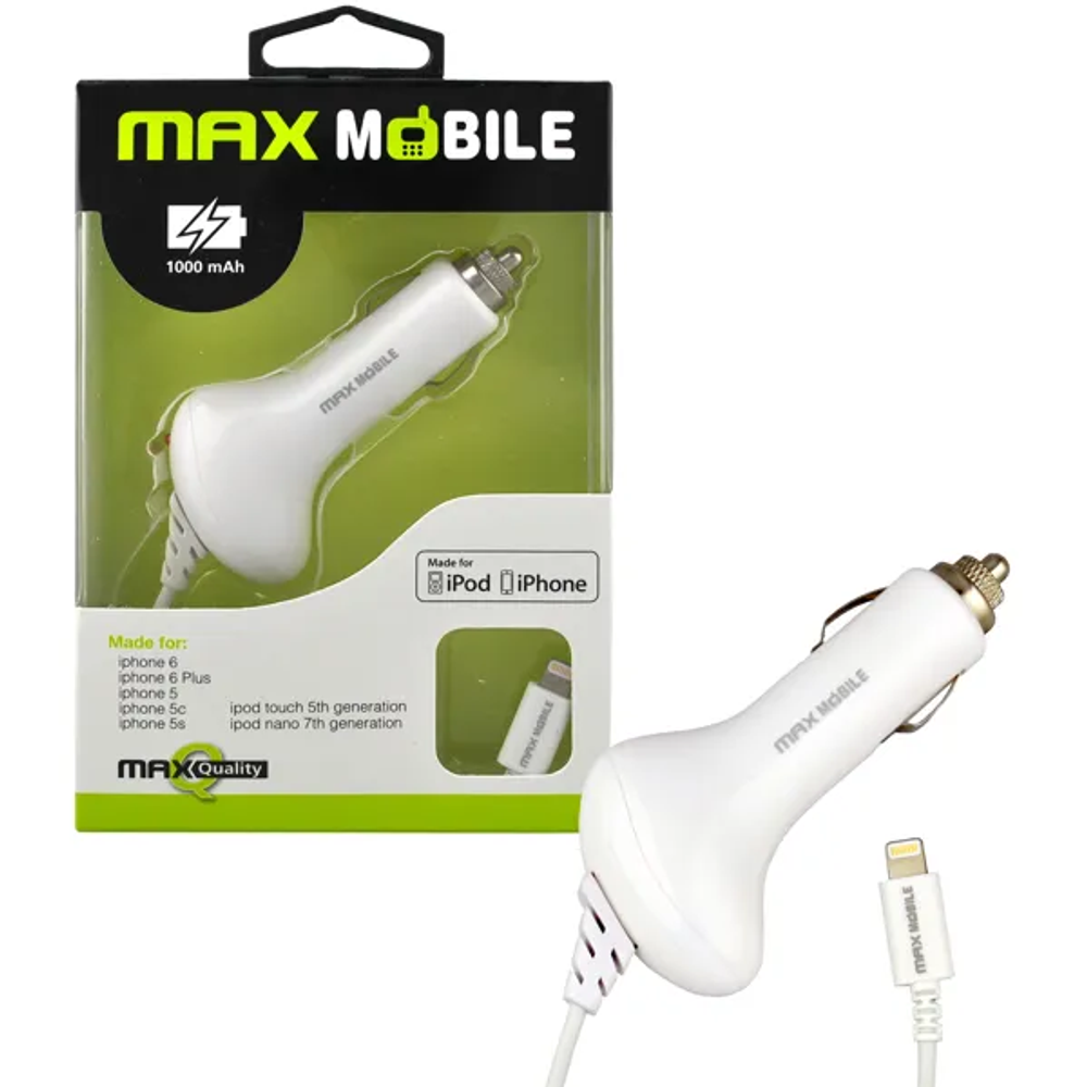 MAXMOBILE AUTO PUNJAČ ZA APPLE iPhone 5/6/7/8/X/11/12 white 1000mah MFI Apple slika 1
