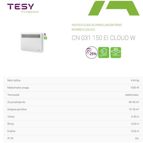 Tesy CN 031 150 EI CLOUD W Wi-Fi Električni panel radijator, 1500 W, Širina 63 cm slika 6