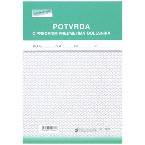 III-3 POTVRDA O PREDANIM PREDMETIMA BOLESNIKA; Blok 2 x 50 listova, 14,8 x 21 cm slika 1