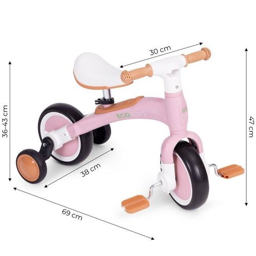 ECOTOYS Balans Bicikl sa Pedalama i Pomoćnim Točkovima 3u1 - Pink slika 8