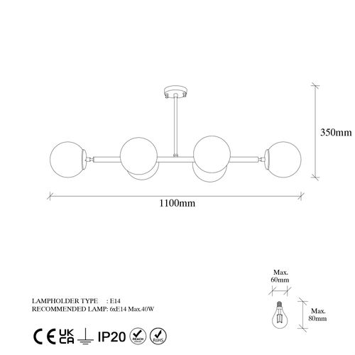 Opviq Stropna lampa FAZLI crna, metal- staklo, 110 x 40 x 35 cm, promjer kugli 15 cm, 6 x E14 40 W, Fazli - 10486 slika 6