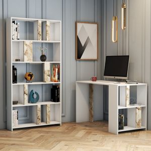 Lima - White Marble White Study Desk & Bookshelf