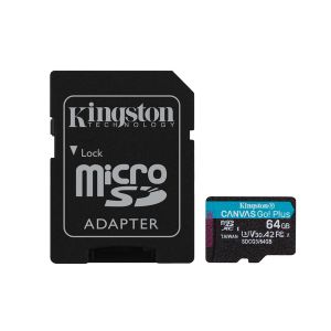 Kingston SDCG3/64GB MicroSD 64GB, Canvas Go! Plus, Class10 UHS-I U3 V30 A2, Read up to 170MB/s, Write up to 70MB/s, for 4K and FullHD video recording, w/SD adapter