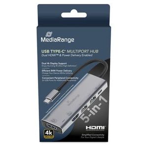 MediaRange USB Type-C® 5-u-1 multiport (HDMI x2,...)adapter, srebrni, MRCS511
