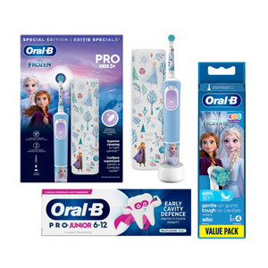 Oral-B Kids Frozen set za dečiju higijenu zuba  - Električna četkica sa kutijom + Zamenski nastavci 4 kom + Pro Junior pasta za zube