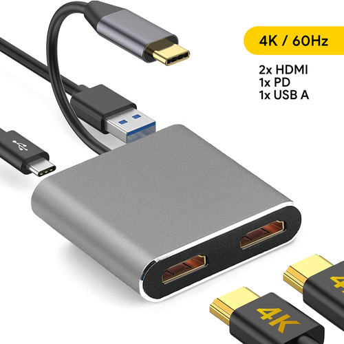 Adapter Type C na HDMIx2 PD USB3.0 4 u 1 sivi slika 1