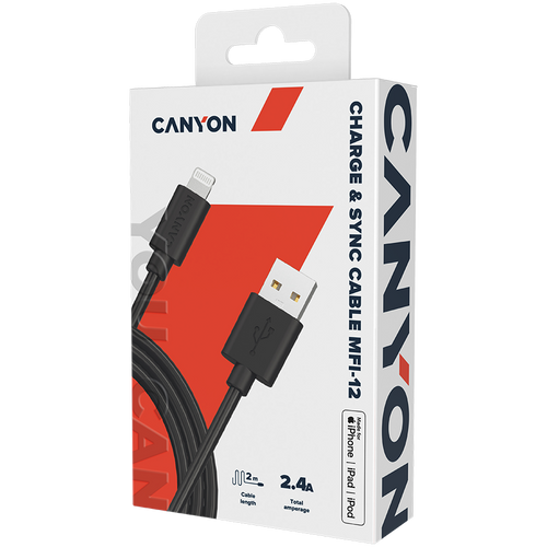 CANYON MFI C48 Lightning USB Kabel za Apple, 2M, Crni slika 2