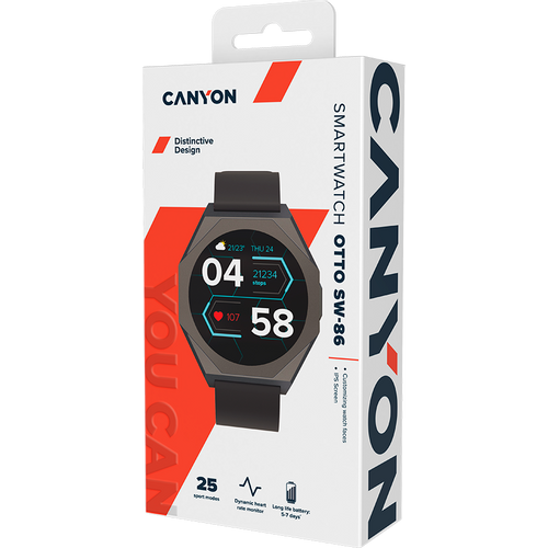 Pametni sat CANYON Otto SW-86, Smart watch Realtek 8762DK LCD 1.3'' LTPS 360X360px, TP G+F 1+gesture 192KB Li-ion polymer battery 3.7v 280mAh,Gun aluminum alloy case middle frame+plastic bottom case+black silicone srap+gun strap buckle.host:45.4*42.4*9.6mm Strap:260*20mm 40.7g slika 7