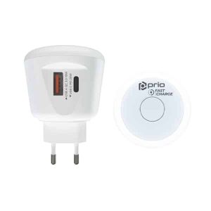 Prio Fast Charge Zidni punjač 20 W PD (USB C) + QC 3.0 (USB A) Noćno svjetlo bijelo