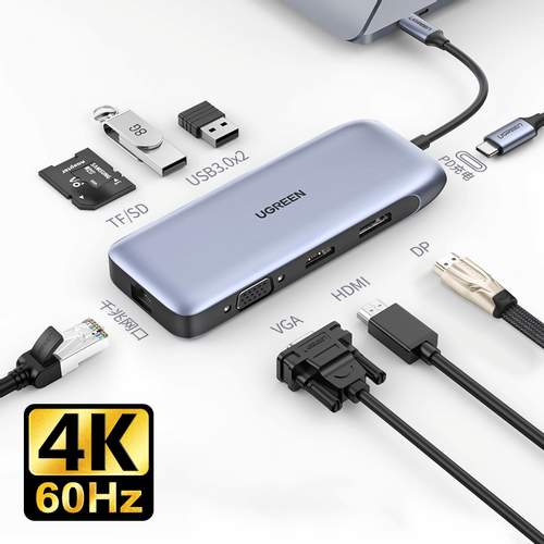 Ugreen USB-C Hub 9 u 1 s 4K HDMI, DP, VGA, RJ45, USB 3.0, MicroSD slika 1