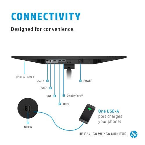 HP 9VJ40AA 24'' IPS AG WUXGA 1920x1200@60Hz, 16:10, 1000:1, 5ms, 250 cd/m², 178°/178°, 1 VGA; 1 USB Type-B; 1 HDMI 1.4; 1 DisplayPort 1.2; 4 USB 3.1, Tilt, Pivot, Swivel, Height, VESA, Silver/Black, 3yw, HP E24i G4 slika 5