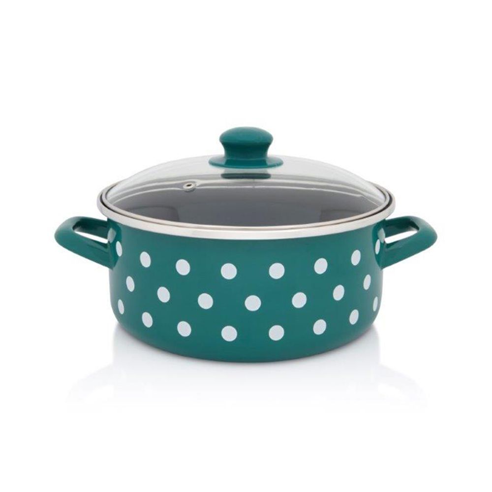 Metalac šerpa plitka sa staklenim poklopcem GREEN DOTS 20 cm / 2.75 l zeleno sa bijelim tufnama  slika 1