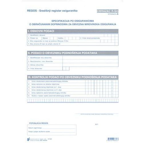 R-SM/A SPECIFIKACIJA PO OSIGURANICIMA O OBRAČUNATIM I NAPLAĆENIM OBVEZNIM DOPRINOSIMA, POREZU NA DOHODAK I PRIREZU POREZA NA DOHODAK; Komplet 2 lista, 21 x 29,7 cm slika 2