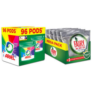 Ariel Color kapsule za pranje veša 96 kom + Fairy Platinum kapsule za mašinsko pranje posuđa 125 komada XXL