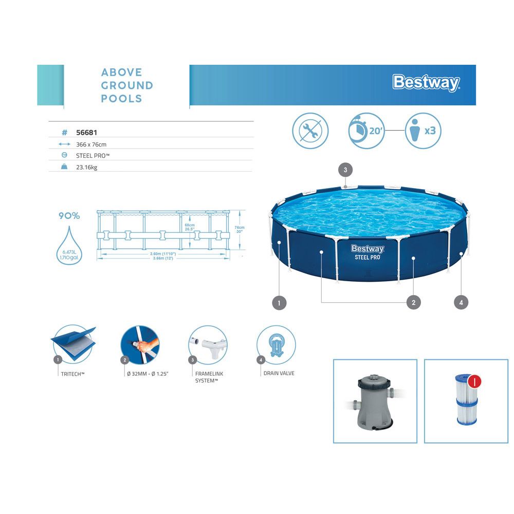 Bestway Frame bazen 366 cm x 76 cm 7 u 1 pumpa + filter 56681 slika 6