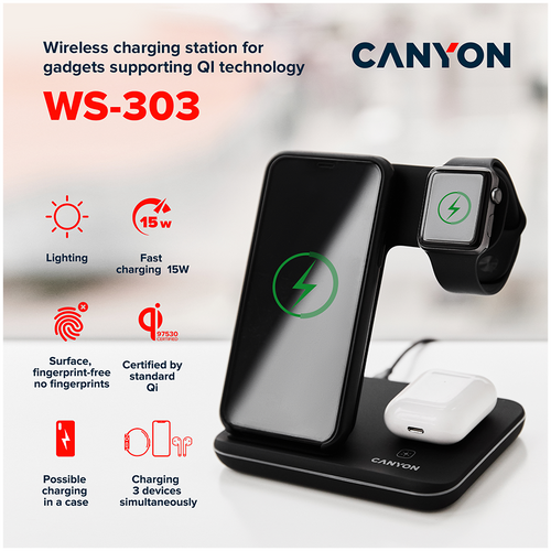 CANYON Bežični punjač WS-303 15W 3u1 Sivi slika 9