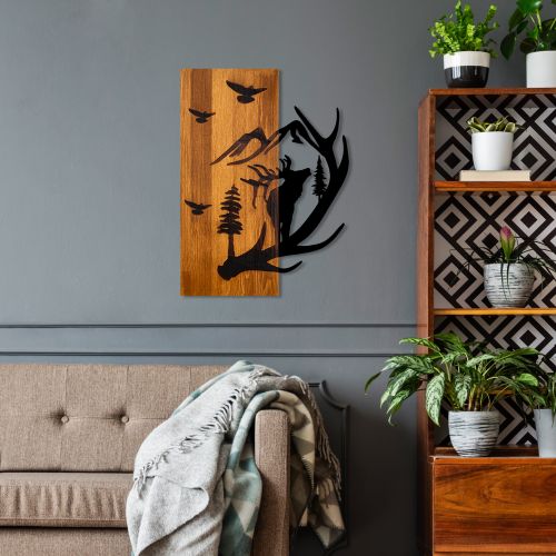 Deer and Mountain WalnutBlack Decorative Wooden Wall Accessory slika 2