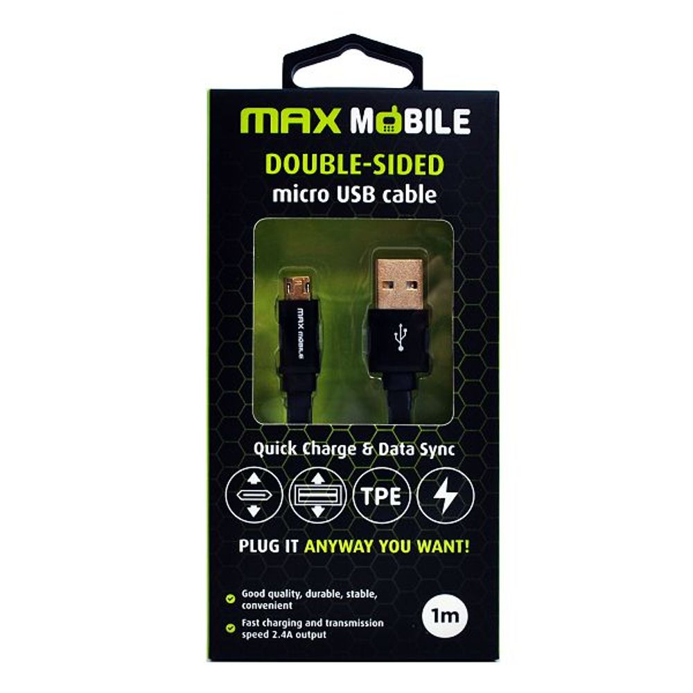 MAXMOBILE DATA KABEL MICRO USB DOUBLE SIDED FLAT crni 1m slika 1