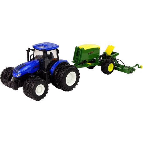 Plavi traktor s prešom za baliranje slika 2
