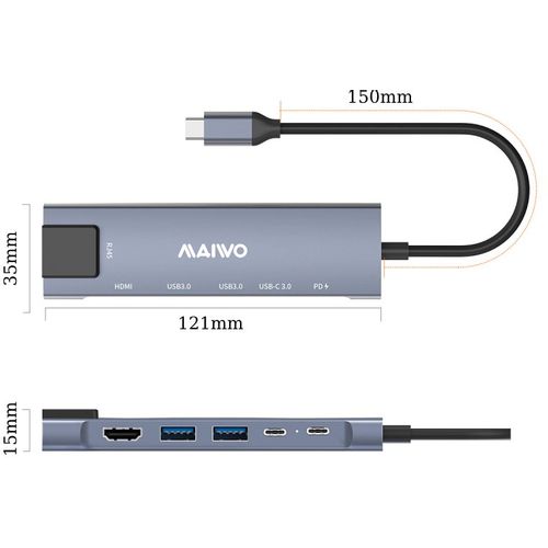 MAIWO USB 3.1 Tup-C 6 u 1 adapter USB3.0+HDMI+USB C PD+USB C DATA+RJ45, KH06RH slika 2