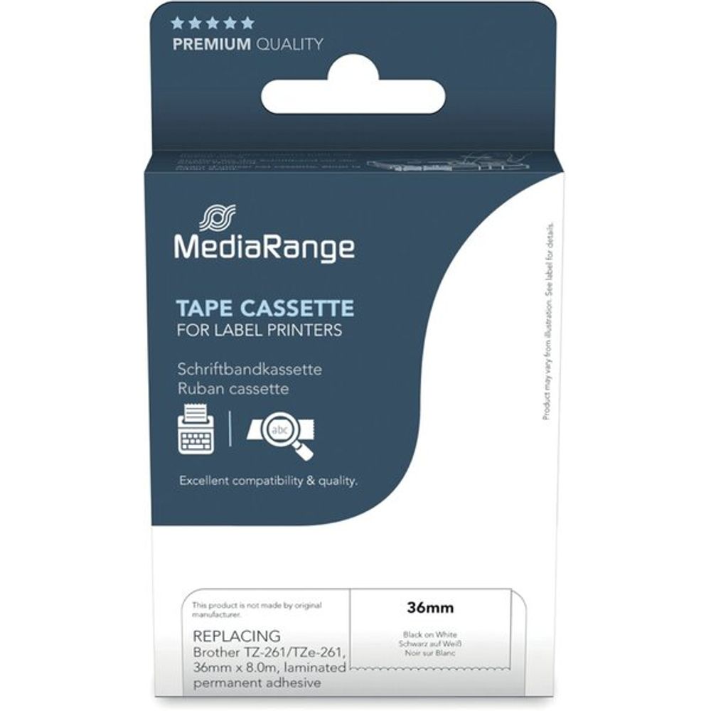 MediaRange Label Tape Cartridge, Replacing Brother TZ-261/TZe-261, 36mm, 8m, Laminated and Permanent Adhesive, Black on White slika 1