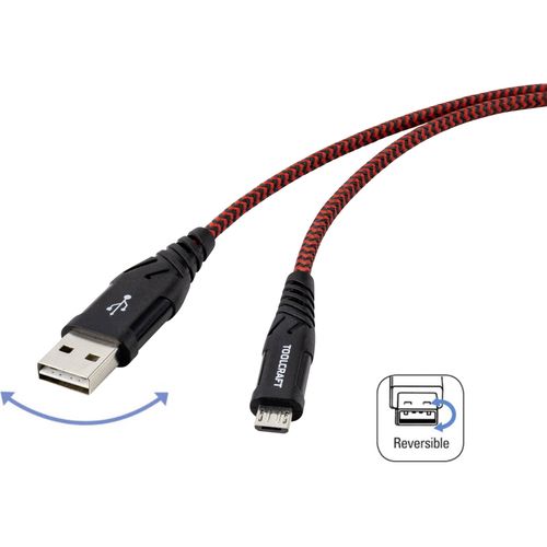 TOOLCRAFT USB kabel USB 2.0 USB-A utikač, USB-C® utikač 1.00 m crna/crvena izuzetno robusni opleteni štit, utikač primje slika 1