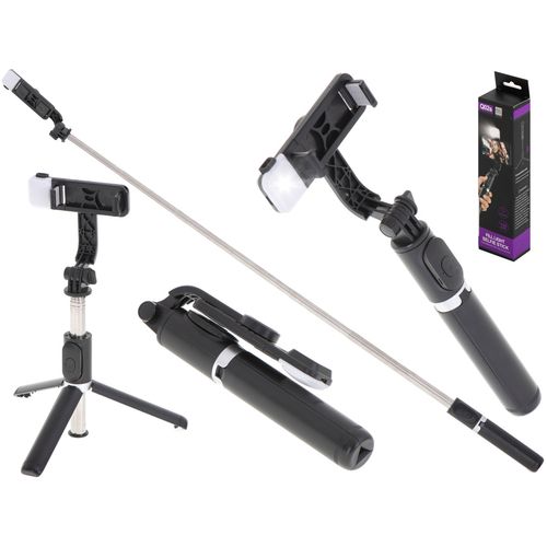 Teleskopski selfie štap sa stativom i LED svjetlom crni slika 1
