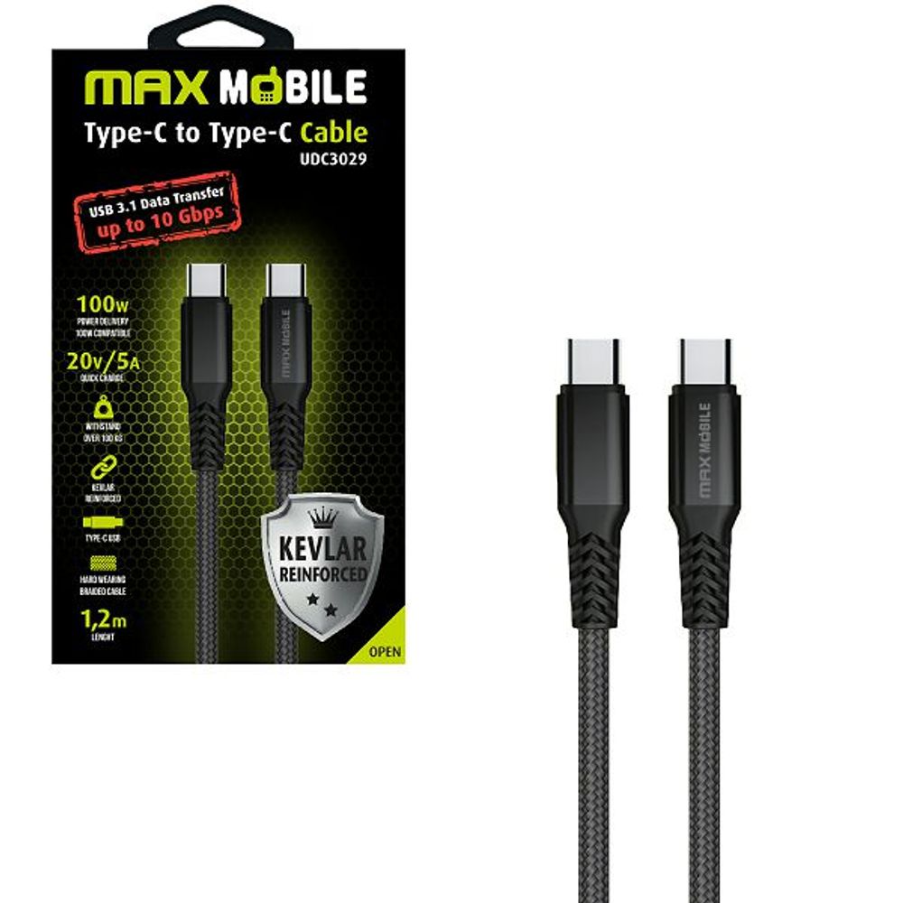 MAXMOBILE DATA KABEL TYPE C-TYPE C UDC3029 KEVLAR BLACK 3.1Gen.100W 5A 1.2m slika 1