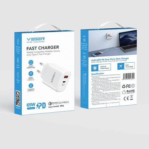 VEGER CPD65E 2-portni punjač, USB-A/USB-C, QC3.0/PD3.0, bijeli slika 2