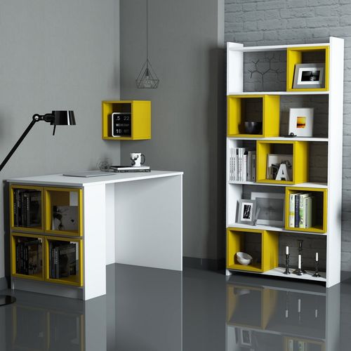 Woody Fashion Studijski stol i policu za knjige, Box - White, Yellow slika 1