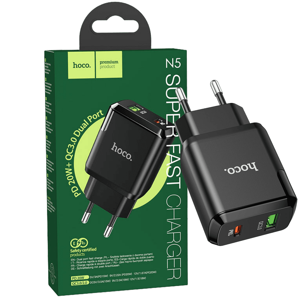 hoco. Punjač kućni, brzi, PD 20W, QC3.0 18W - N5 Favor Black slika 1