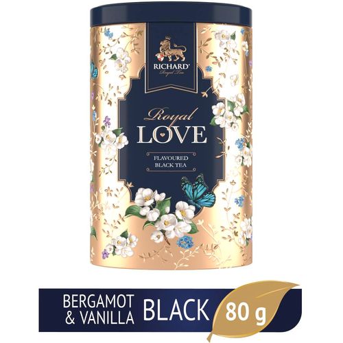 RICHARD TEA ROYAL LOVE - Crni cejlonski čaj sa korom citrusa, laticama cveća i bergamot vanilom u metalnoj kutiji, rinfuz 80g GOLD 160332 slika 1