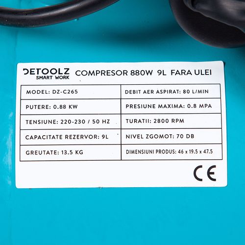 DeToolz Kompresor bez ulja 880W, 9L DZ-C265 slika 6